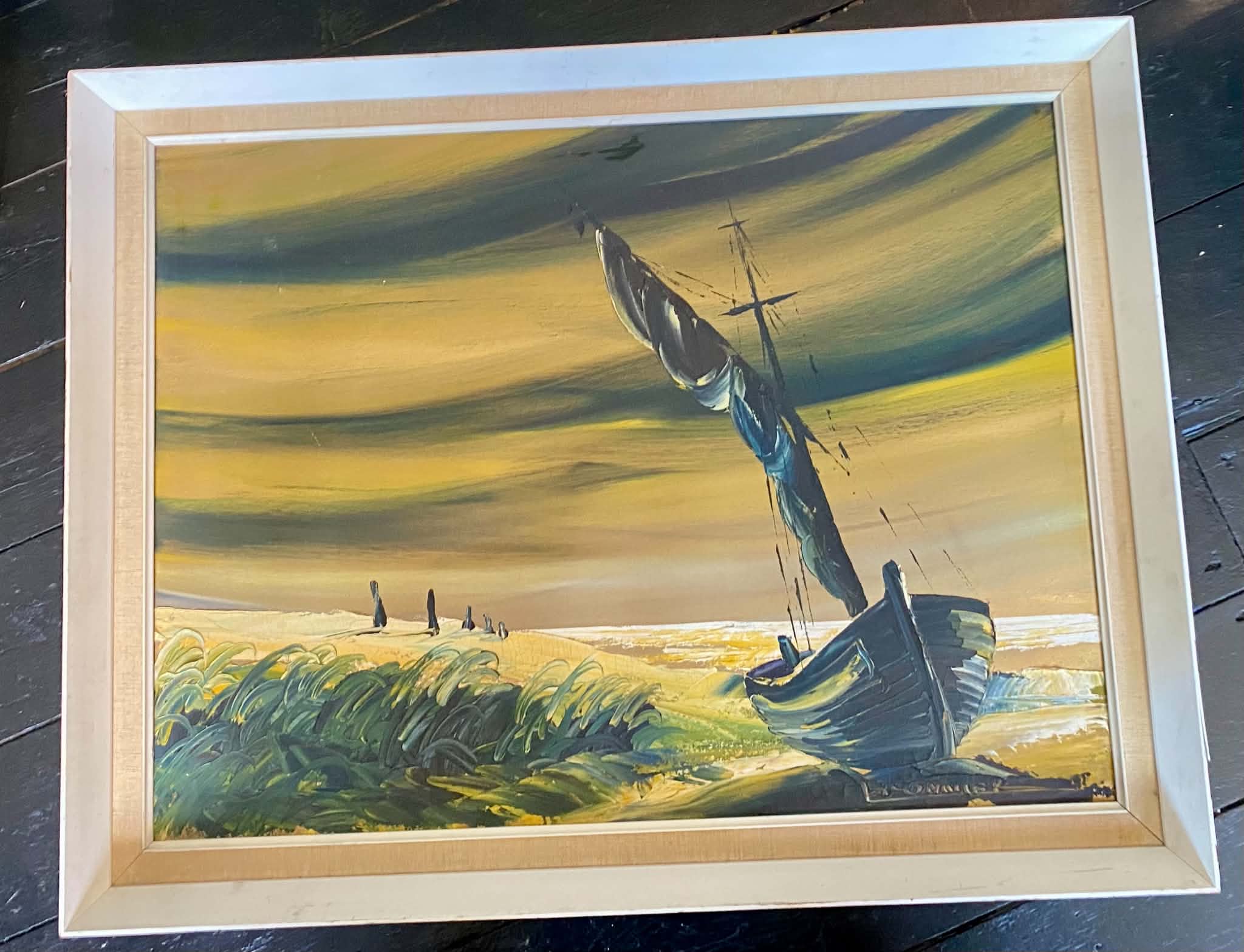 Oil painting of coastal scene in yellow tones